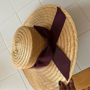 Stylish Straw Hat with Burgundy Ribbon